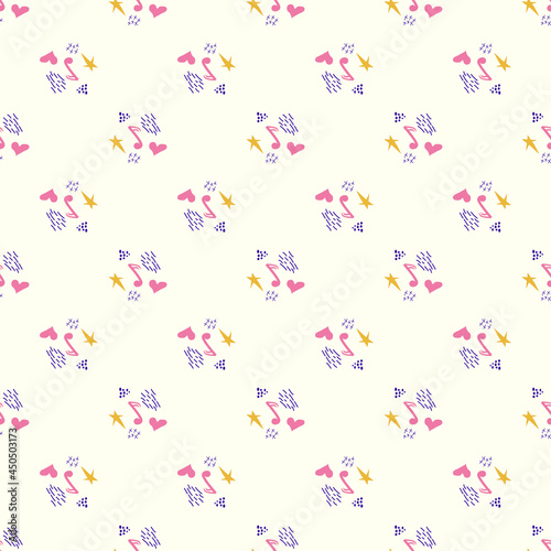 Cartoon cute doodles hand drawn Musical seamless pattern. Colorful detailed, with lots of objects background.
