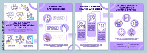 How to boost customer behavioral loyalty brochure template. Flyer, booklet, leaflet print, cover design with linear icons. Vector layouts for presentation, annual reports, advertisement pages
