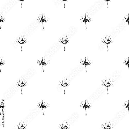 Black paint brush dandelion flowers texture. Grunge floral seamless pattern white background.