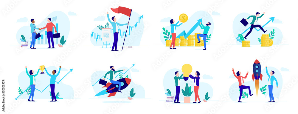 Success illustration collection - Set of businesspeople being successful, winning, making money and growing a business. Vector format, on white background