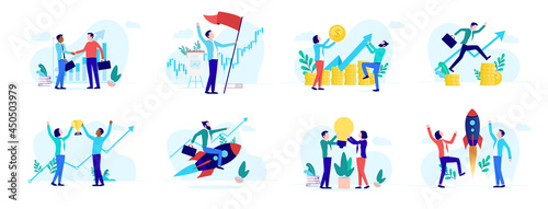 Success illustration collection - Set of businesspeople being successful  winning  making money and growing a business. Vector format  on white background
