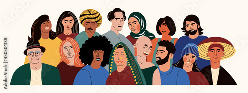 Diverse multiracial and multicultural group of people. Different ages and nationalities adult stay together. Tolerance community, ethnic company. Diversity concept. Flat vector cartoon illustration