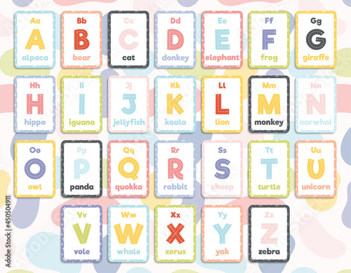 Set of 26 printable colourful educational flashcards for English alphabet.