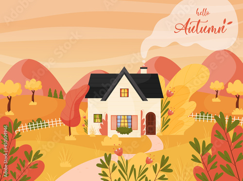 Golden fall season. Autumn landscape scene with farm cottage house. Fields and hills. Hello Autumn lettering. Vector illustration.