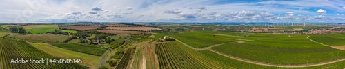 Aerial panorama of the vineyards near Flonheim   Germany in Rheinhessen with the Trullo on the Adelberg 
