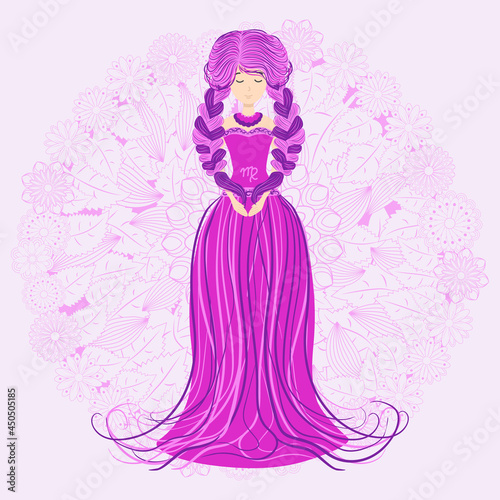 Zodiac, Virgo zodiac sign illustration as a beautiful girl with braids. Vintage zodiac boho style fashion illustration