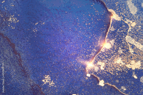 Abstract denim blue and gold alcohol ink pattern with marble texture. Luxury background with watercolor splash for poster, flyer, brochure design. Modern fluid art with golden glitter.