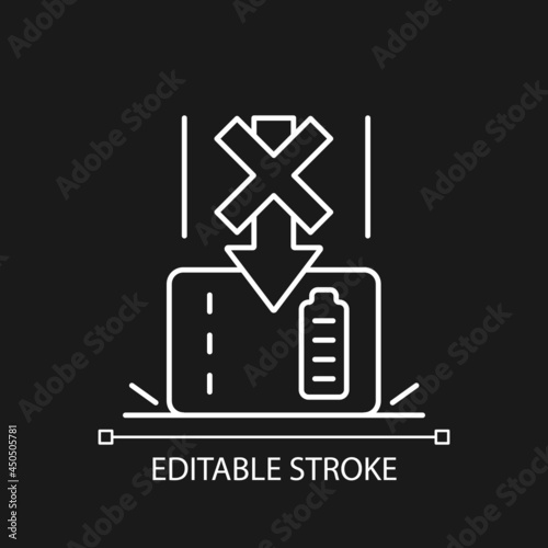 Dont drop powerbank white linear manual label icon for dark theme. Thin line customizable illustration. Isolated vector contour symbol for night mode for product use instructions. Editable stroke