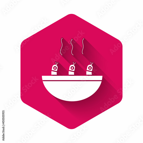 White Soup with shrimps icon isolated with long shadow. Tom yum kung soup. Pink hexagon button. Vector.