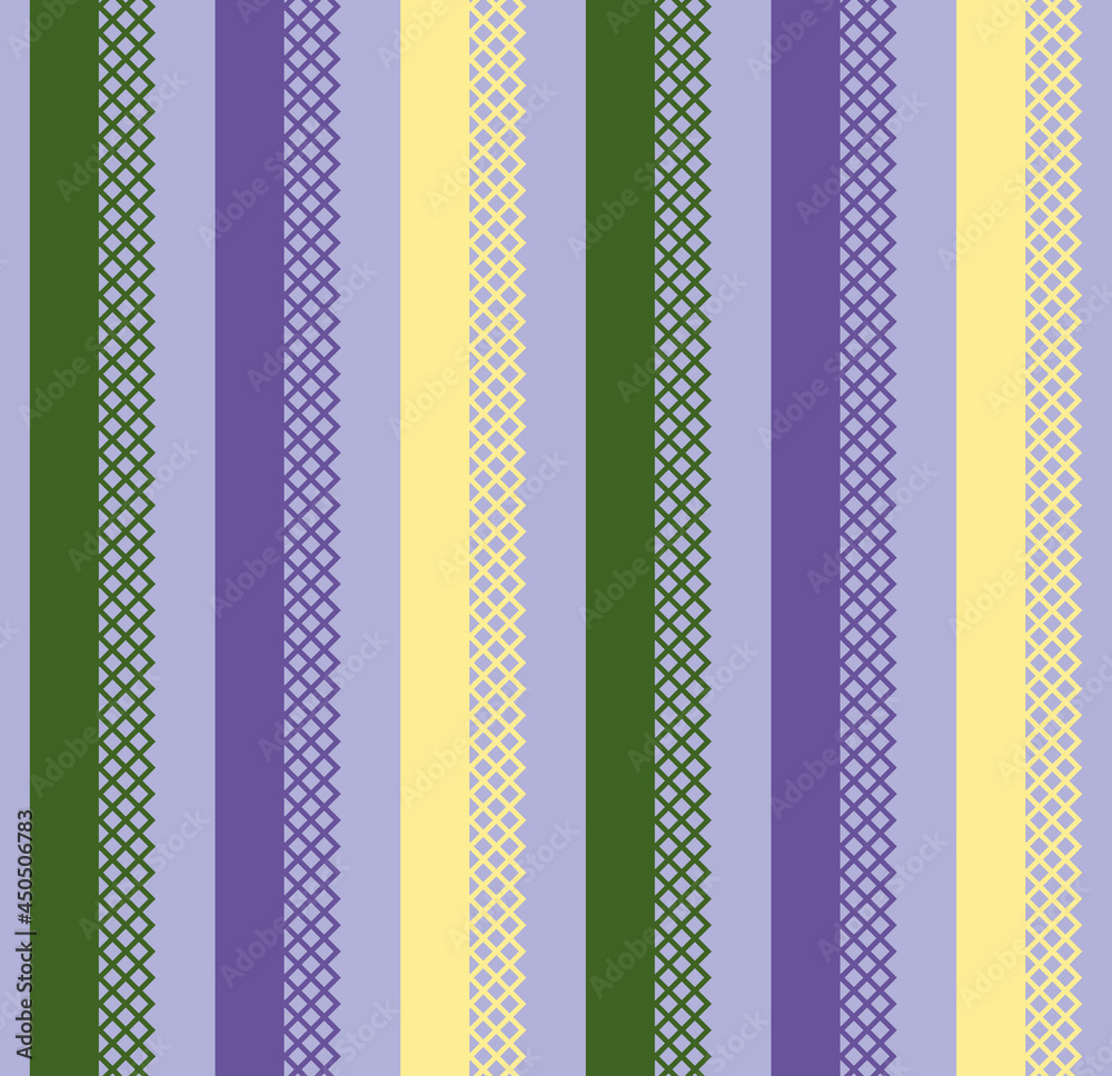 Abstract seamless geometric pattern. Green, yellow and lilac stripes on a pale lilac background. Design for for wrapping paper or textile. Vector illustration Abstract seamless geometric pattern. Green, yellow and lilac stripes on a pale lilac background. Design for for wrapping paper or textile. Vector illustration