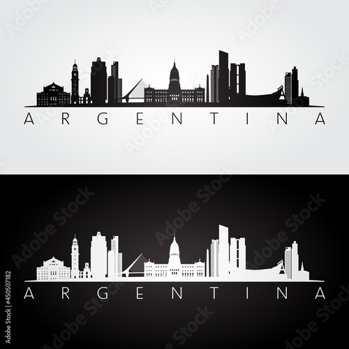Argentina skyline and landmarks silhouette, black and white design, vector illustration.