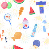 Seamless pattern with hand drawn cute Japanese Summer Festival Elements with fireworks