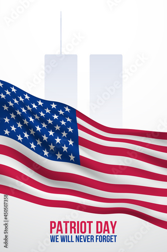 September 11 banner. Patriot Day poster with american flag and World trade center silhouette. We will never forget.