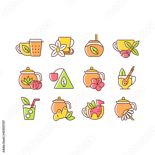 Tea drinking related RGB color icons set. Tea with different additives. Drink in teacup. Utensils for beverages. Isolated vector illustrations. Simple filled line drawings collection