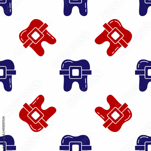 Blue and red Teeth with braces icon isolated seamless pattern on white background. Alignment of bite of teeth, dental row with with braces. Dental concept. Vector