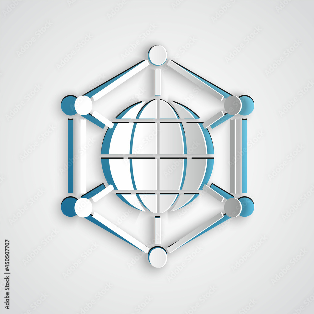 Paper cut Global technology or social network icon isolated on grey background. Paper art style. Vector Paper cut Global technology or social network icon isolated on grey background. Paper art style. Vector