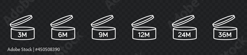 PAO Icons Set. Period after open vector thin line icons. PAO symbols. Round tub with cap opened. Expiration period in months vector signs for cosmetic packaging isolated on dark background.
