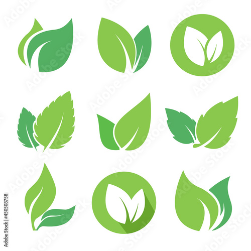 Green leaves logo set for eco organic bio natural products  pharmacy  medicine. Vector flat icons collection isolated on white background. EPS10