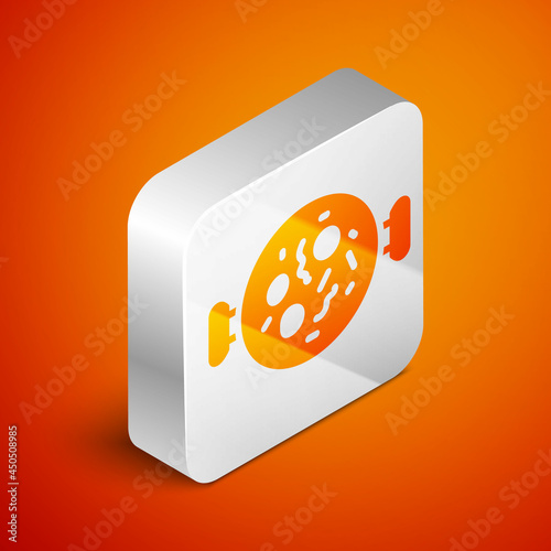 Isometric Chicken tikka masala icon isolated on orange background. Indian traditional food. Silver square button. Vector