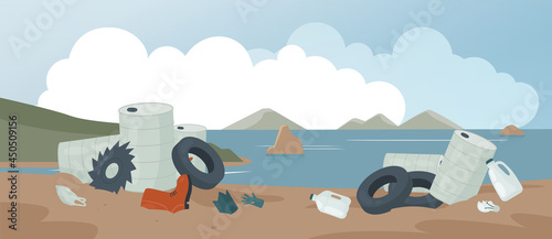 Waste garbage dump on polluted beach nature landscape, pollution eco problem vector illustration. Cartoon beachside land with broken glass lightbulb, tire plastic bag and barrel in landfill background