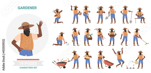 African black gardener working poses infographic vector illustration set. Cartoon flat elderly bearded man worker farmer character planting and harvesting different postures, farm garden work isolated