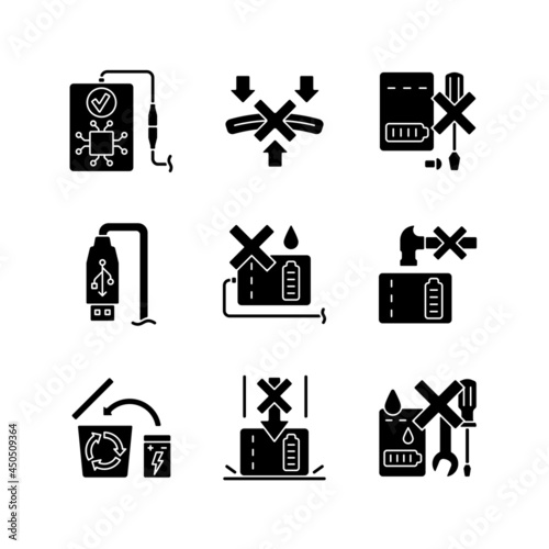 Power bank instruction black glyph manual label icons set on white space. Avoid short-circuiting risk. E-waste. Silhouette symbols. Vector isolated illustration for product use instructions