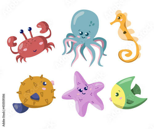 Sea animals in cartoon style - octopus, crab, seahorse, fish, fish ball and starfish