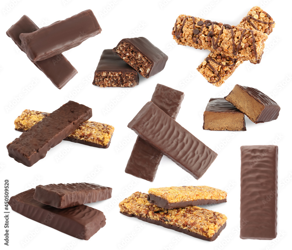 Set with different delicious protein bars on white background Set with different delicious protein bars on white background