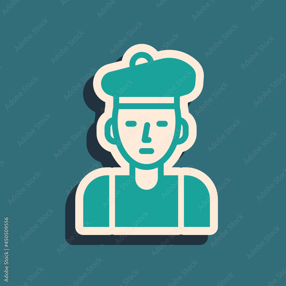 Green French man icon isolated on green background. Long shadow style. Vector