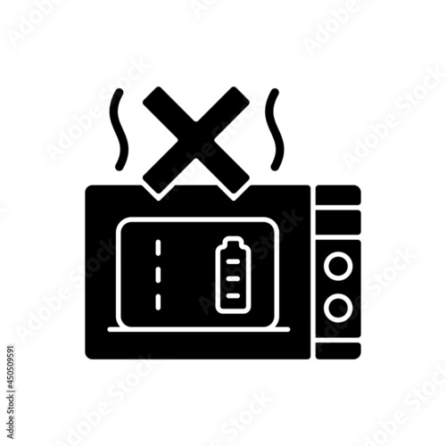 Dont microwave powerbank black glyph manual label icon. Exposure to extreme temperature. Damage to unit. Silhouette symbol on white space. Vector isolated illustration for product use instructions