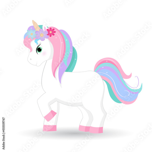 Cute magic cartoon unicorn. Illustration for children