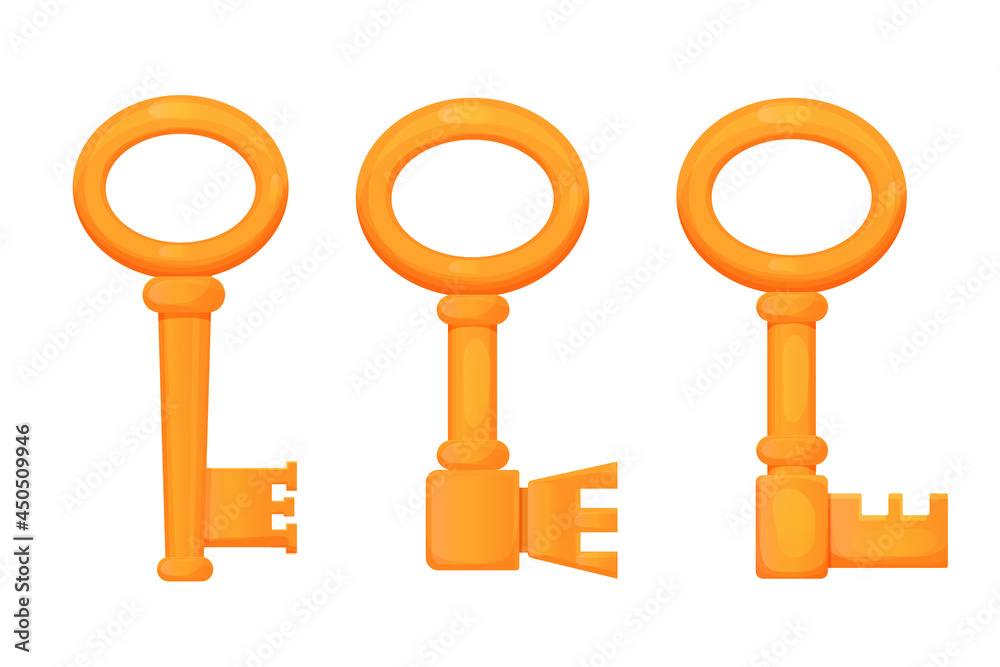 Set golden keys, ancient castle tool in cartoon style isolated on white background. Fairy comic ui game asset. Bright mystery object. Set golden keys, ancient castle tool in cartoon style isolated on white background. Fairy comic ui game asset. Bright mystery object.