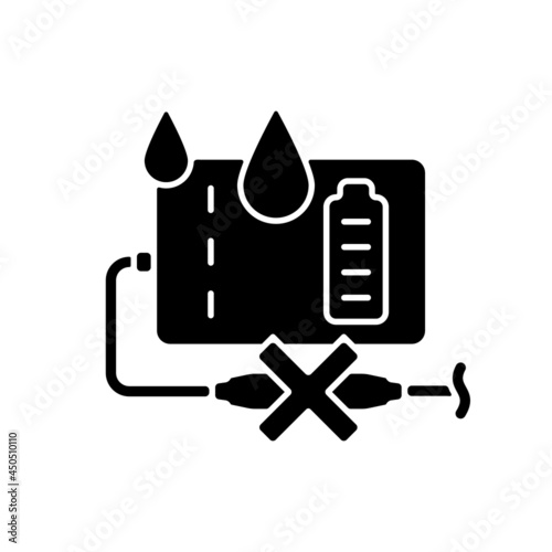 Unplug power bank if wet black glyph manual label icon. Prevent from damage. Short-circuiting risk. Silhouette symbol on white space. Vector isolated illustration for product use instructions