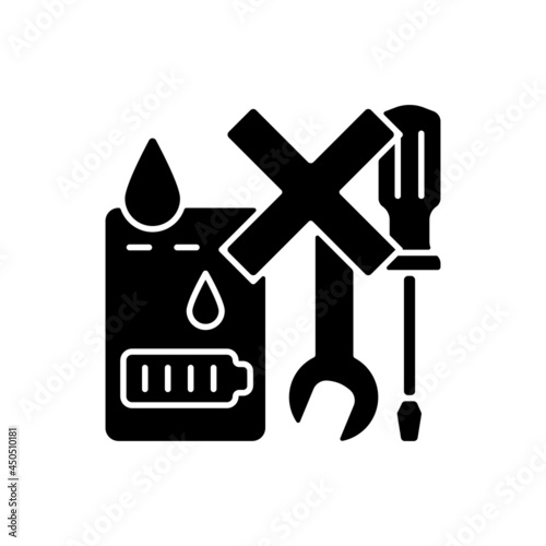 Not serviceable if exposed to liquids black glyph manual label icon. Swollen charger. Short-circuiting risk. Silhouette symbol on white space. Vector isolated illustration for product use instructions