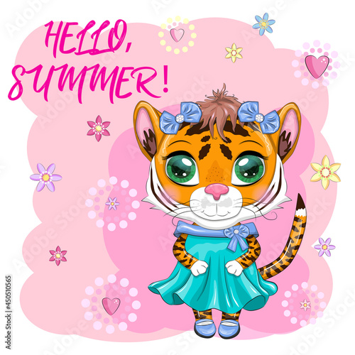 Cute cartoon tiger girl with beautiful eyes in a dress. Chinese New Year 2022  Christmas Year of the Tiger