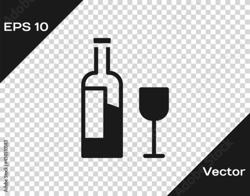 Black Wine bottle with glass icon isolated on transparent background. Vector