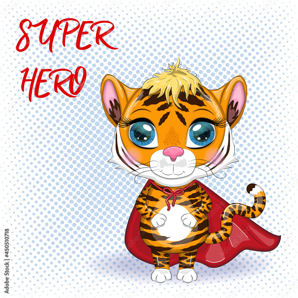 Cute cartoon tiger with beautiful eyes, orange in a red cloak, super hero Cute cartoon tiger with beautiful eyes, orange in a red cloak, super hero