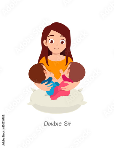 mother breastfeeding twin baby with pose named double sit