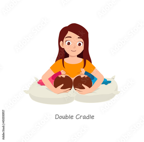 mother breastfeeding twin baby with pose named double cradle