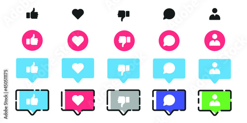 Social media icon pack.Set of vector flat icons for web.Isolated colorful objects.Like, heart, love, dislike, unlike, comment, share, profile and notification symbols.