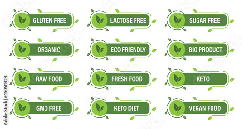 Healthy food labels. Different green stickers for product package. Vegan, keto, eco, natural food signs