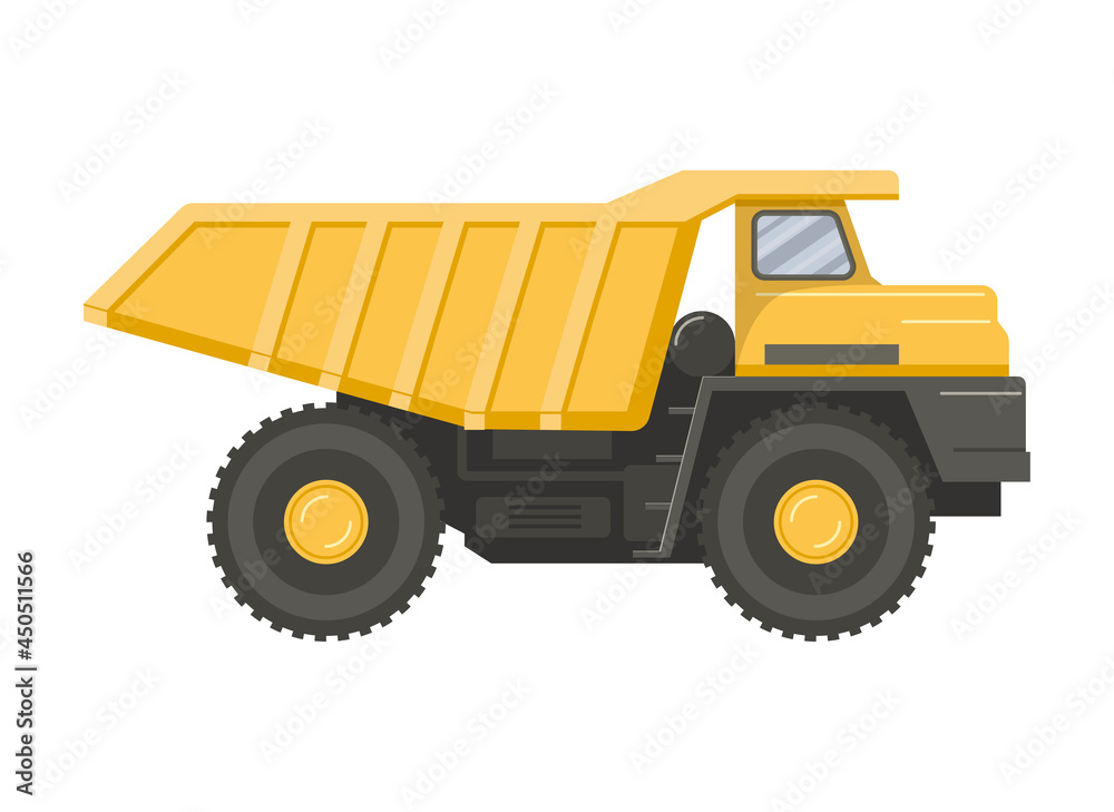 Yellow dump truck isolated on white transparent background. Symbol of cargo delivery and transportation during constuction works. Side view of a hopper.