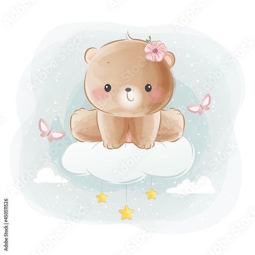 Cute Little Bear Sitting on Cloud