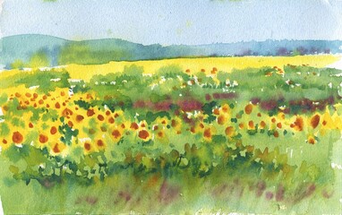 Foto auf Acrylglas Gelb Frankreich Sonnenblumen Landschaftsmalerei Aquarell im realistischen Stil. Vintage Sonnenblumengelbes Feld mit Bergen. Schöne Naturkunst für Wandkunst, Poster, Einladungshintergrund.  © yanushkov