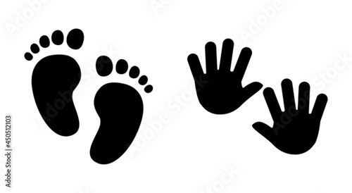 Nursery, kinder garden symbol - hands and foot of a kid. Vector icon.