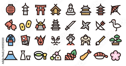 Japanese Traditional Culture Icon Set  Bold outline Color version 