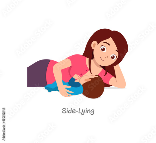 mother breastfeeding baby with pose named side lying
