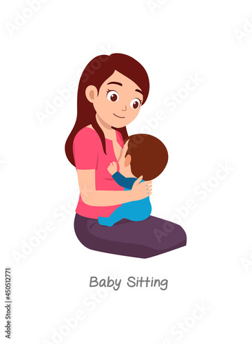 mother breastfeeding baby with pose named baby sitting