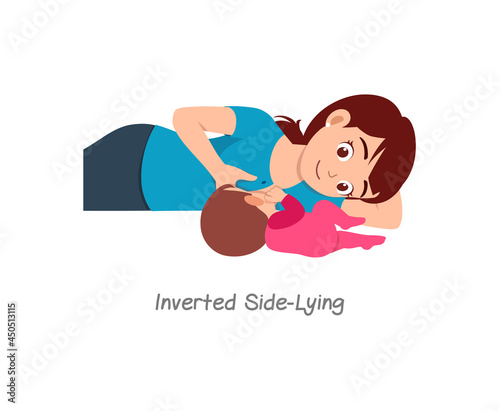mother breastfeeding baby with pose named inverted side lying