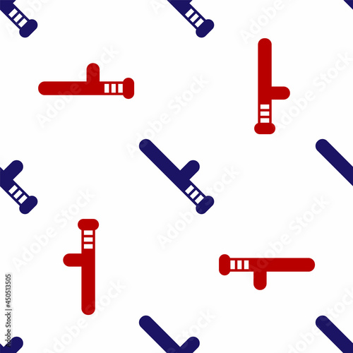 Blue and red Police rubber baton icon isolated seamless pattern on white background. Rubber truncheon. Police Bat. Police equipment. Vector